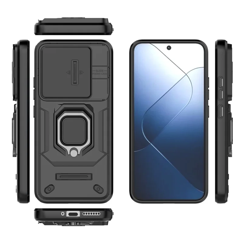For Xiaomi 14 Cell Phone Cases PC+TPU Anti-fall Kickstand Cover with Slide Lens Protection - Black