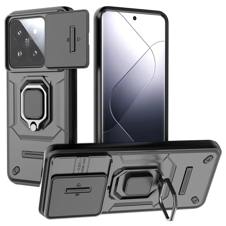 Para el caso de Xiaomi 14 Pro PC+TPU a prueba de golpes con soporte de apoyo y protector de objetivo deslizante - Negro