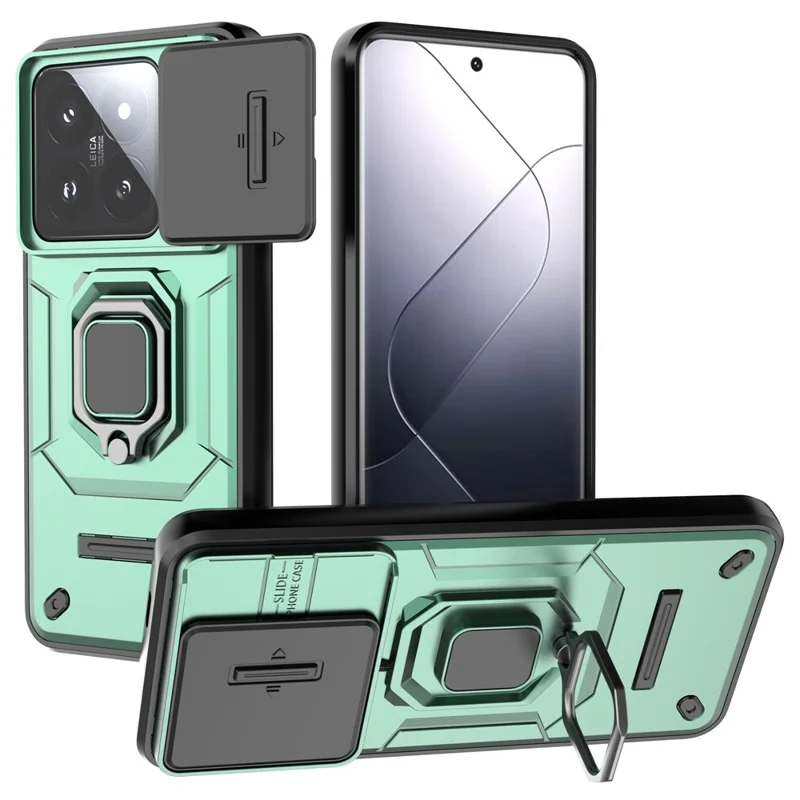 For Xiaomi 14 Pro Case PC+TPU Shockproof Kickstand Phone Protector with Slide Lens Shield - Green