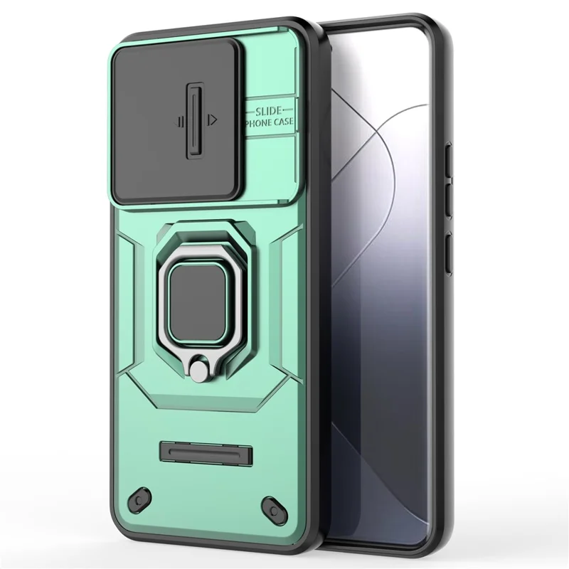 For Xiaomi 14 Pro Case PC+TPU Shockproof Kickstand Phone Protector with Slide Lens Shield - Green