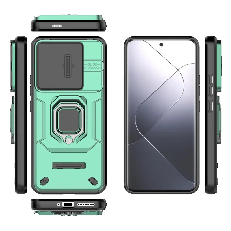 For Xiaomi 14 Pro Case PC+TPU Shockproof Kickstand Phone Protector with Slide Lens Shield - Green