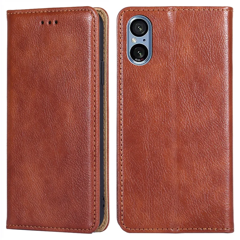 Shockproof Phone Cover for Sony Xperia 5 V Case Stand Wallet PU Leather Magnetic Cell Phone Shell - Brown