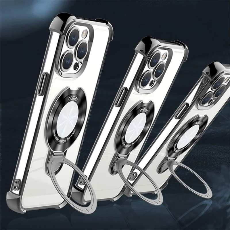 For iPhone 14 Pro Max Magnetic Case Reinforced Corner Kickstand Phone Cover - Electroplated Silver