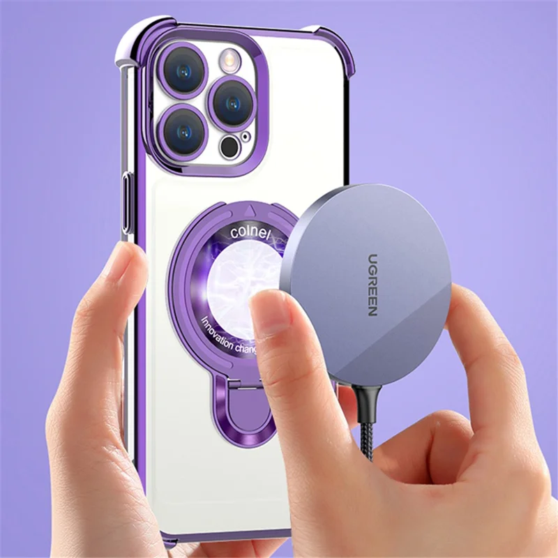 For iPhone 14 Pro Max Magnetic Case Reinforced Corner Kickstand Phone Cover - Electroplated Silver