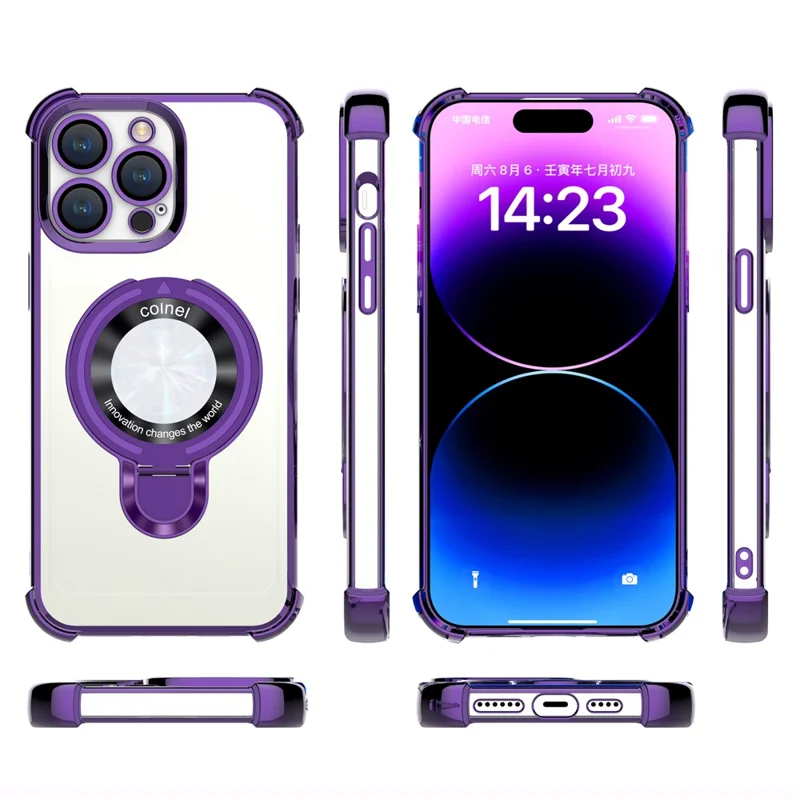 For iPhone 14 Pro Max Magnetic Case Reinforced Corner Kickstand Phone Cover - Electroplated Silver