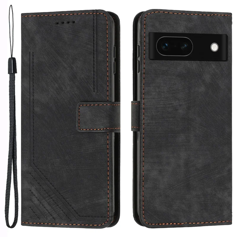 Phone Stand Wallet for Google Pixel 8a Case Skin-touch Imprinted Lines PU Leather Phone Cover - Black