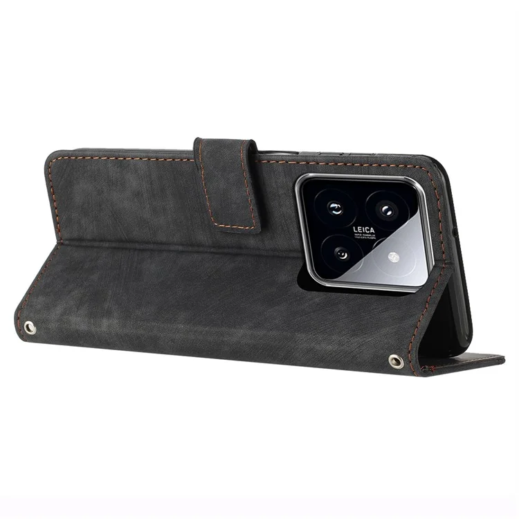 Для Xiaomi 14 Stand Wallet Phone Case Skin-touch Imprinted Magnetic PU Leather Phone Cover - Black