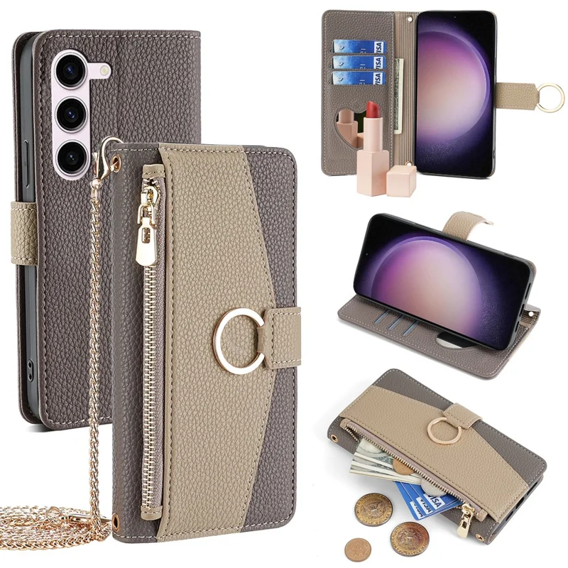 For Samsung Galaxy S23 Wallet Case PU Leather Crossbody Phone Bag with Mirror Design - Grey