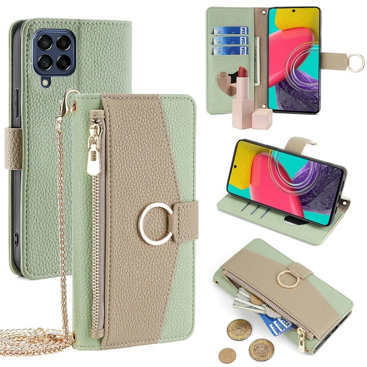 For Samsung Galaxy M53 5G Case Zipper Pocket Crossbody Phone Wallet Cover - Green