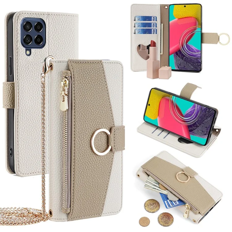 Per Samsung Galaxy M53 5G Case Zipper Pocket Crossbody Phone Wallet Cover - Bianco