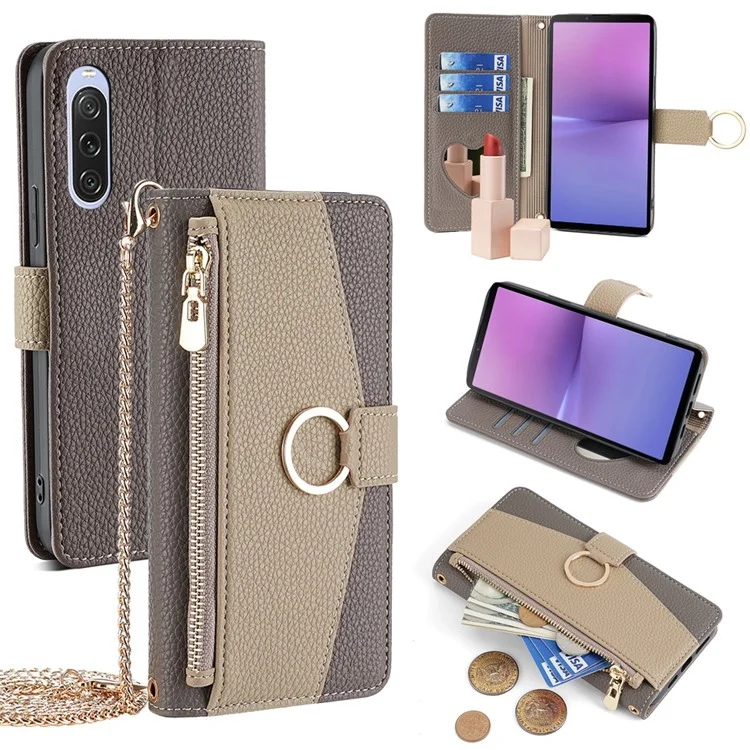 Para Sony Xperia 10 V Case Zipper Pocket Leather Cover com Espelho de Maquiagem - Cinza