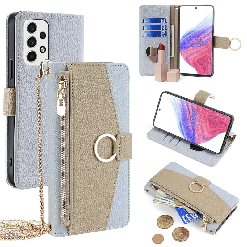 For Samsung Galaxy A53 5G Case Wallet Crossbody Phone Bag with Zipper Pocket - Blue