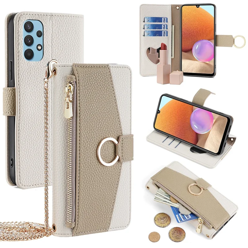 For Samsung Galaxy A32 4G (EU Version) Case PU Leather Wallet Cover with Crossbody Shoulder Strap - White