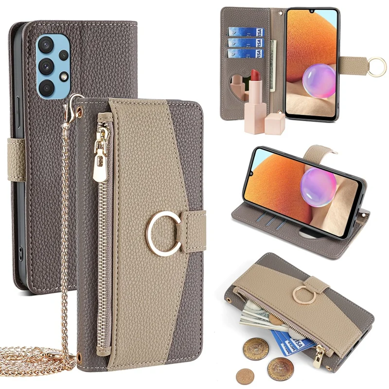 Pour Samsung Galaxy A32 4G (version européenne) Étui en cuir PU avec dragonne bandoulière - Gris