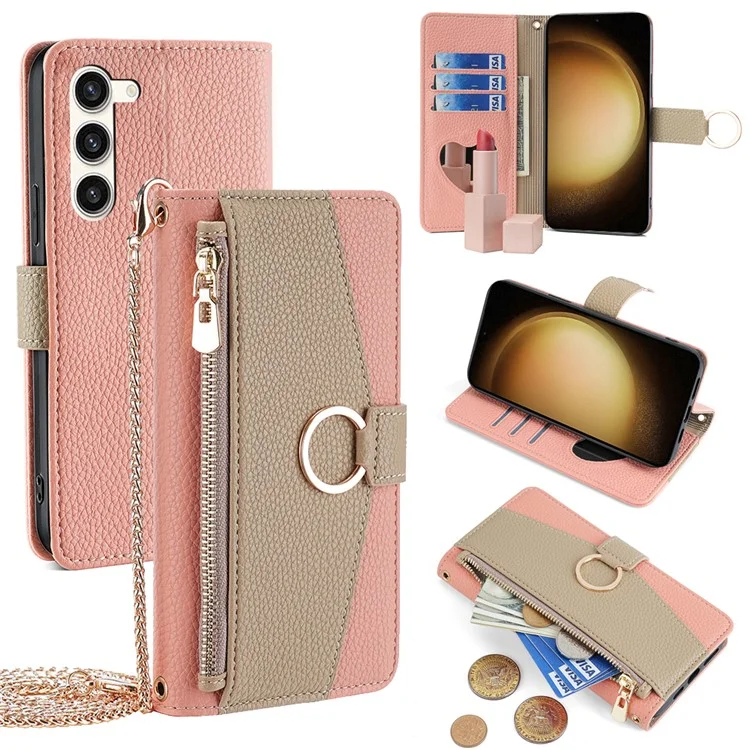 For Samsung Galaxy S23+ Case PU Leather Wallet Stand Cellphone Cover with Makeup Mirror - Pink