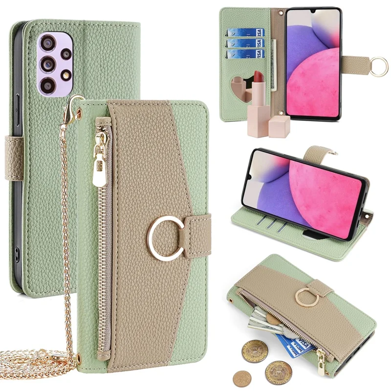 For Samsung Galaxy A33 5G Cell Phone Case Wallet PU Leather Cover with Chain Shoulder Strap - Green