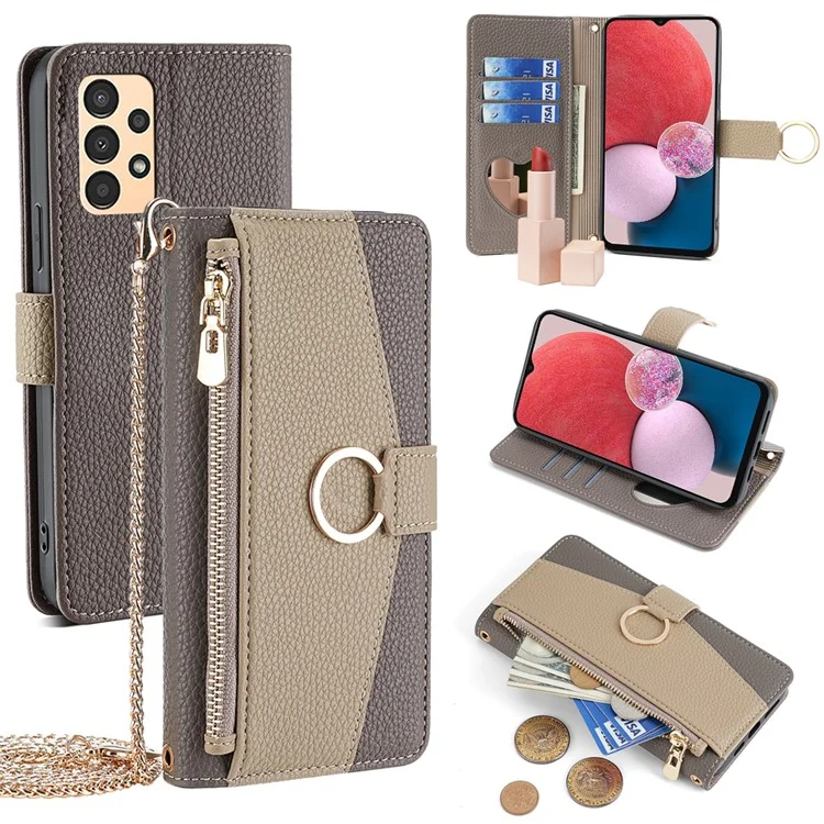 Para Samsung Galaxy A13 4G Case Zipper Pocket Phone Guard Cover com Espelho de Maquiagem - Cinza