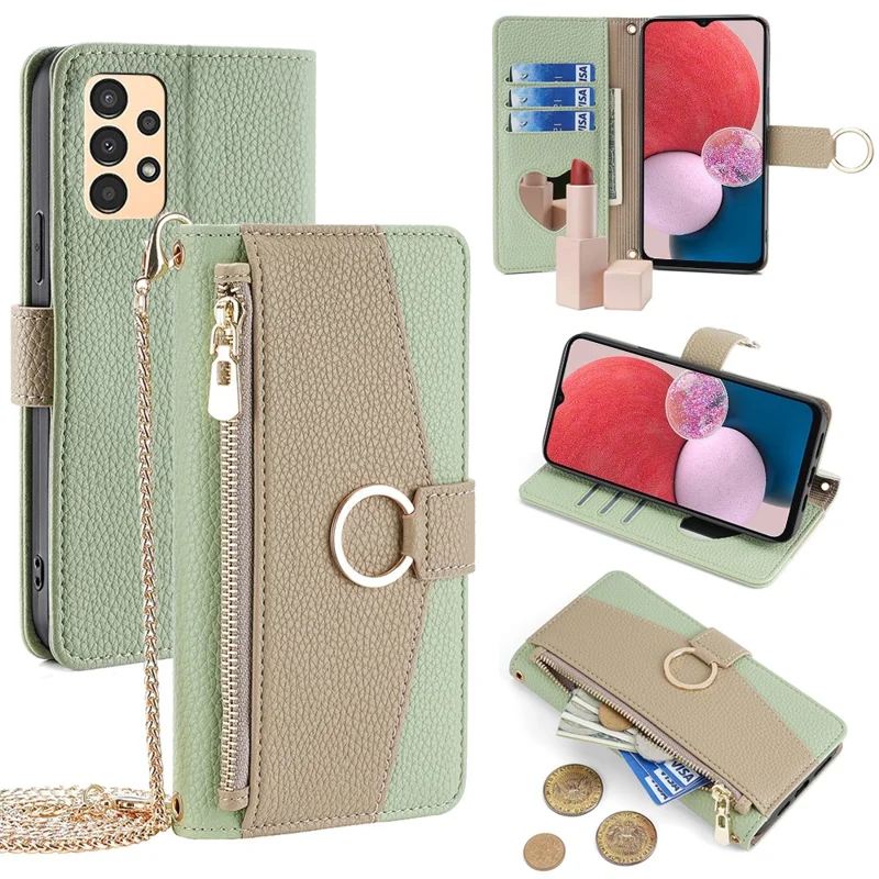 For Samsung Galaxy A13 4G Case Zipper Pocket Phone Guard Cover with Makeup Mirror - Green