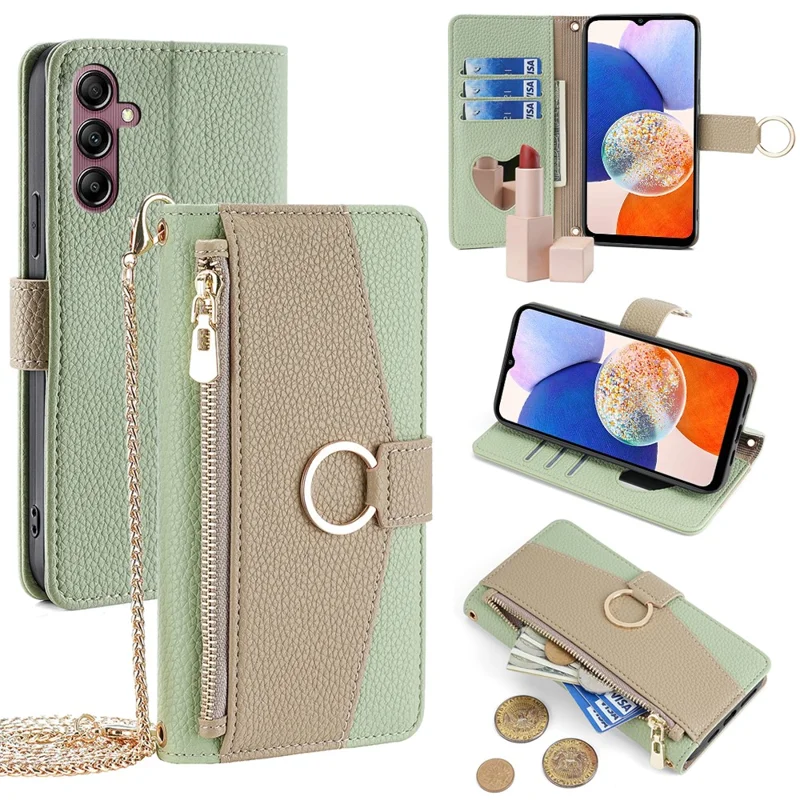 For Samsung Galaxy A14 4G / A14 5G Case Zipper Pocket Crossbody Phone Cover with Shoulder Strap - Green