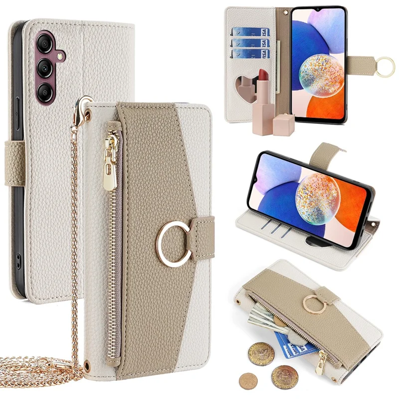 For Samsung Galaxy A14 4G / A14 5G Case Zipper Pocket Crossbody Phone Cover with Shoulder Strap - White