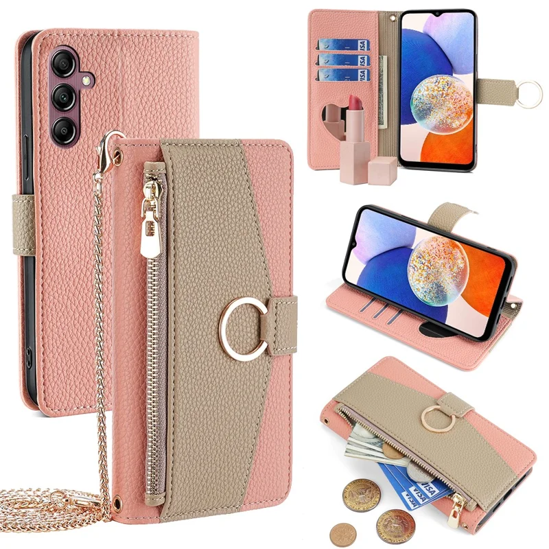 For Samsung Galaxy A14 4G / A14 5G Case Zipper Pocket Crossbody Phone Cover with Shoulder Strap - Pink