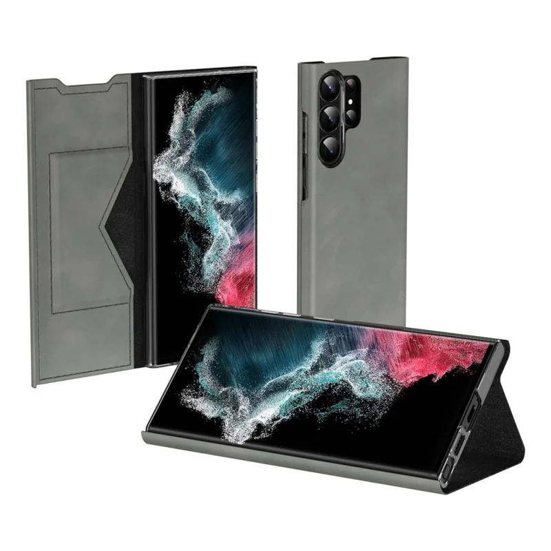 Custodia per Samsung Galaxy S24 Ultra Nappa Texture Stand Card Holder Mobile Phone Cover - Grigio