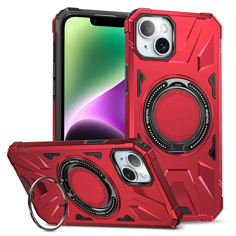 For iPhone 13 / 14 6.1 inch Magnetic Phone Case TPU+PC Kickstand Protective Cover - Red