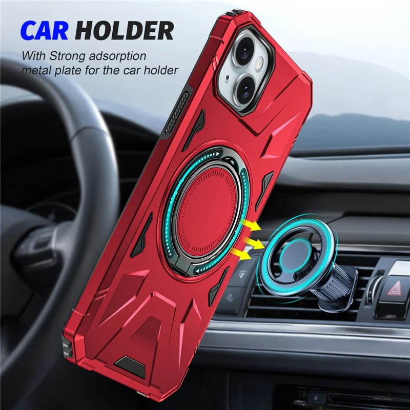 For iPhone 13 / 14 6.1 inch Magnetic Phone Case TPU+PC Kickstand Protective Cover - Red
