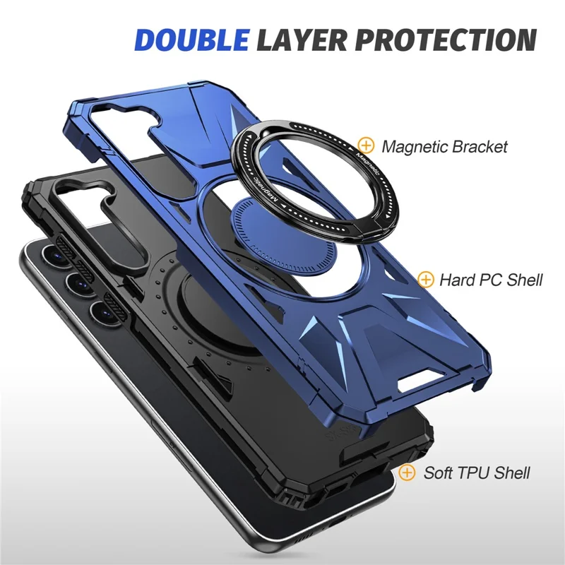 For Samsung Galaxy S25 / S24 Magnetic Case TPU+PC Protective Cover with Ring Kickstand - Navy Blue