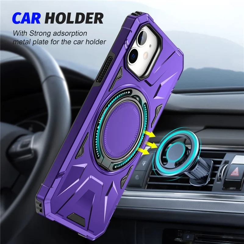 غطاء لهاتف iPhone 11 مقاوم للسقوط بتصميم هجين من مادة TPU وPC مع حامل قابل للدوران ومغناطيسي - أرجواني