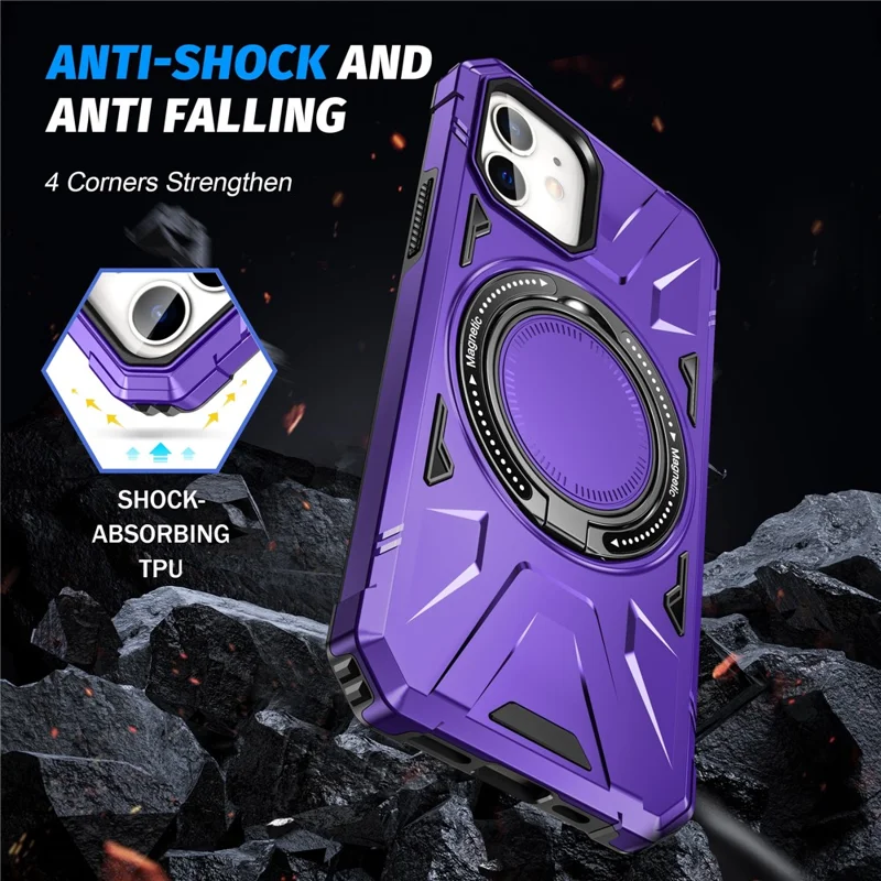 غطاء لهاتف iPhone 11 مقاوم للسقوط بتصميم هجين من مادة TPU وPC مع حامل قابل للدوران ومغناطيسي - أرجواني