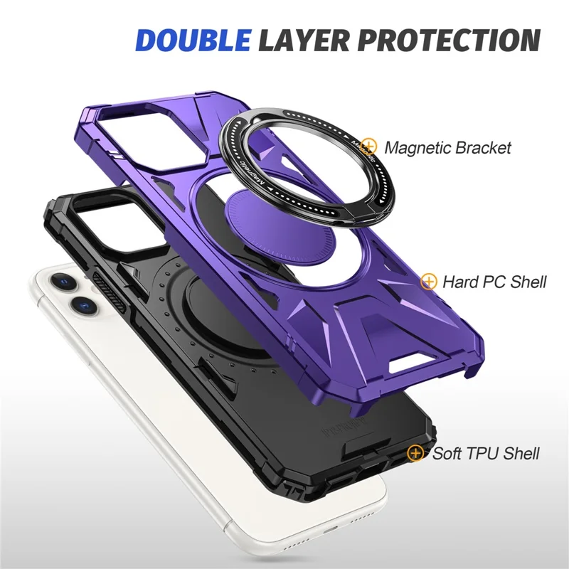 غطاء لهاتف iPhone 11 مقاوم للسقوط بتصميم هجين من مادة TPU وPC مع حامل قابل للدوران ومغناطيسي - أرجواني