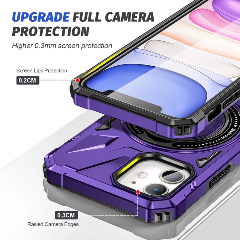 غطاء لهاتف iPhone 11 مقاوم للسقوط بتصميم هجين من مادة TPU وPC مع حامل قابل للدوران ومغناطيسي - أرجواني