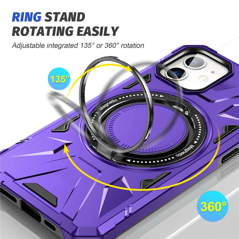غطاء لهاتف iPhone 11 مقاوم للسقوط بتصميم هجين من مادة TPU وPC مع حامل قابل للدوران ومغناطيسي - أرجواني