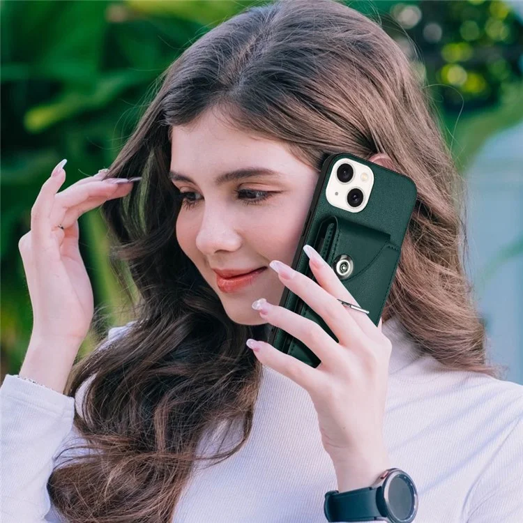 Кожаные Покрытия YB Series-7 Для Iphone 13 Mini Kickstend Case Несколько Карт. - Зеленый