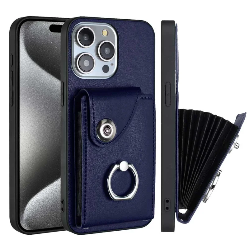 YB Leather Coating Series-7 for iPhone 15 Pro Max Case Leather+TPU Cover with Card Holder - Sapphire