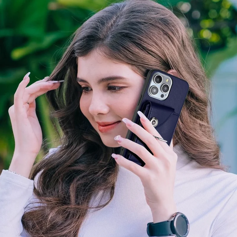 YB Leather Coating Series-7 for iPhone 15 Pro Max Case Leather+TPU Cover with Card Holder - Sapphire