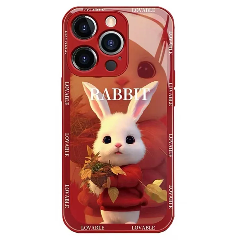 For iPhone 15 Pro Cell Phone Case Cute Rabbit Pattern Tempered Glass+TPU Cover with Lens Film - Red