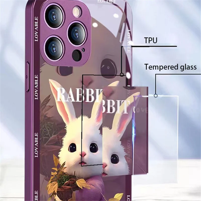 For iPhone 15 Pro Cell Phone Case Cute Rabbit Pattern Tempered Glass+TPU Cover with Lens Film - Red