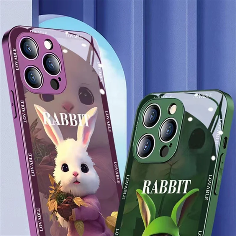 For iPhone 15 Pro Cell Phone Case Cute Rabbit Pattern Tempered Glass+TPU Cover with Lens Film - Red