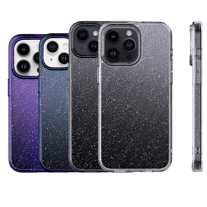 For iPhone 15 Pro Cell Phone Case Glitter Powder Clear TPU+PC Protection Cover - Transparent Black