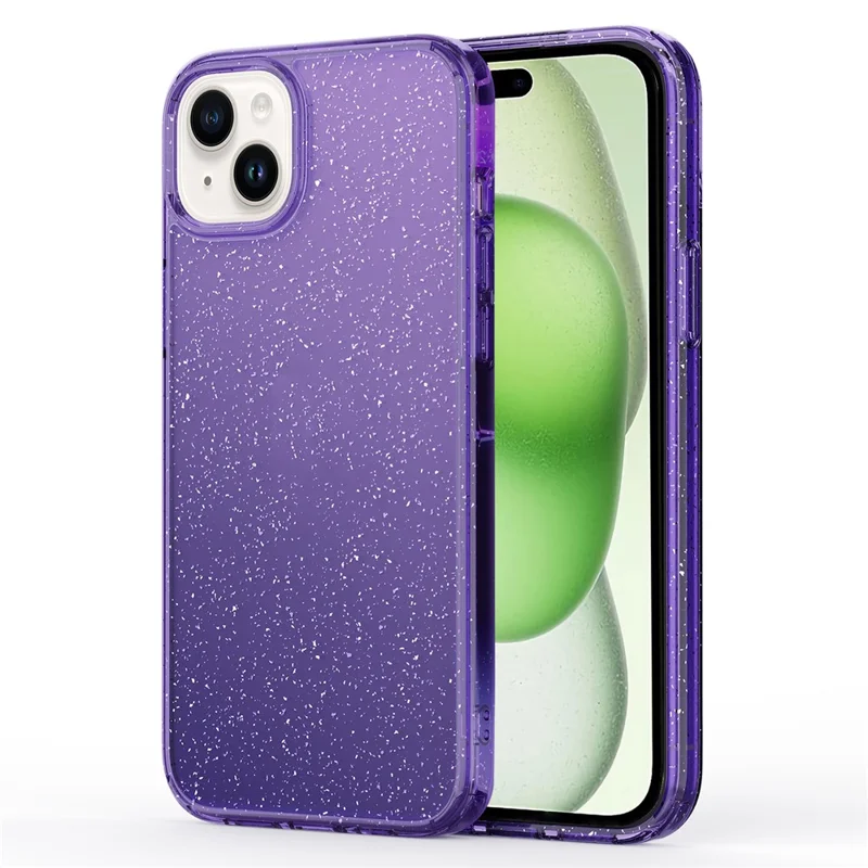 For iPhone 15 Cell Phone Case Glitter Powder Decor Clear TPU+PC Anti-drop Cover - Transparent Purple