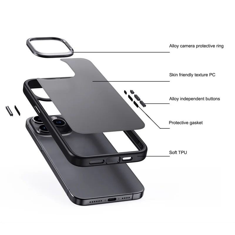 For iPhone 15 Pro Max Cell Phone Cases Aluminum Alloy Camera Frame Matte TPU+PC Cover - Grey