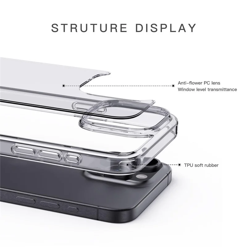 For iPhone 15 Pro Max Cell Phone Cases Crystal Clear TPU+PC Back Cover - Transparent Black