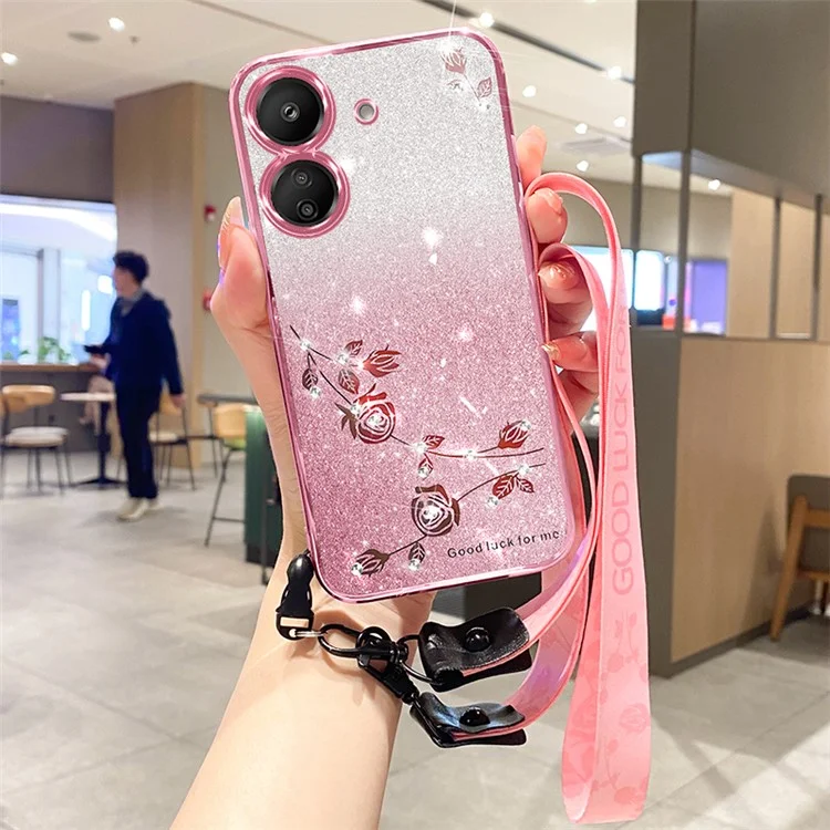 KADEM For Xiaomi Redmi 13C 4G / Poco C65 4G Cell Phone Case with Strap TPU Flower Pattern Cover - Rose Gold
