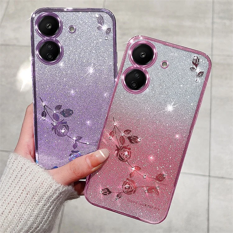 KADEM For Xiaomi Redmi 13C 4G / Poco C65 4G Cell Phone Case with Strap TPU Flower Pattern Cover - Rose Gold