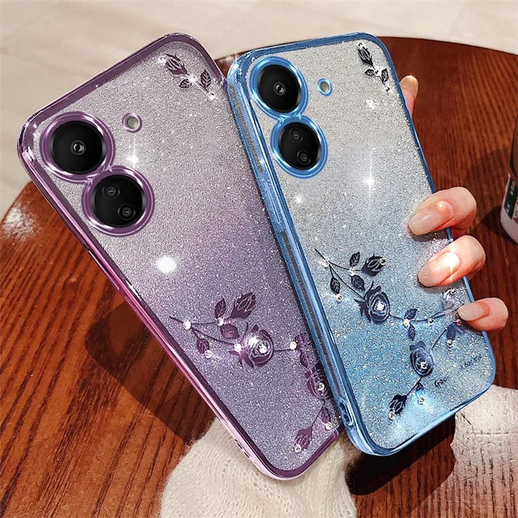 KADEM For Xiaomi Redmi 13C 4G / Poco C65 4G Cell Phone Case with Strap TPU Flower Pattern Cover - Rose Gold