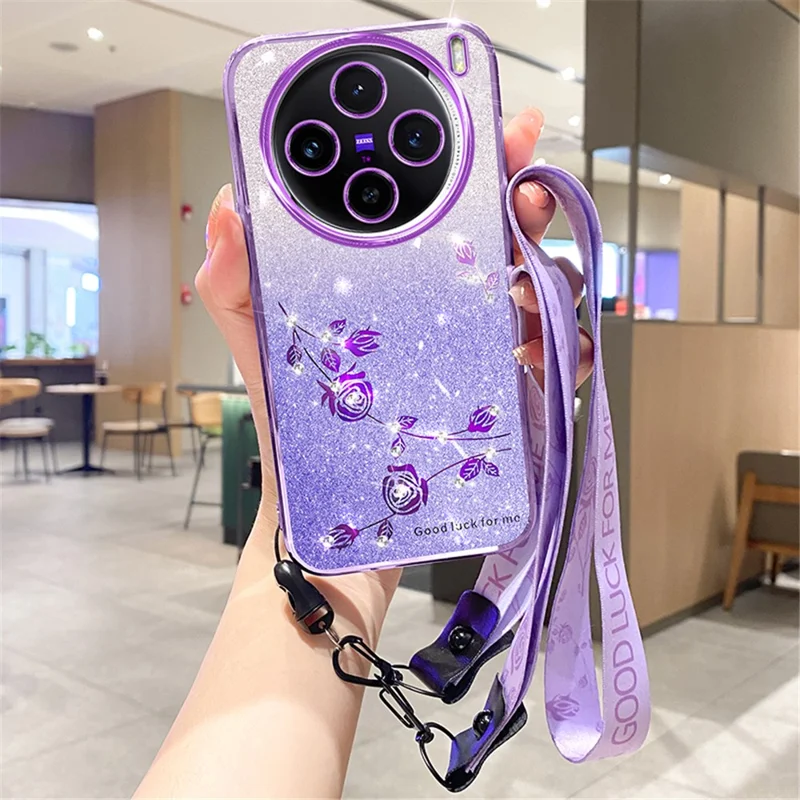 KADEM Per vivo X100 5G Cover Decorazione con Strass TPU Custodia per Telefono Cellulare con Cinturino - Viola