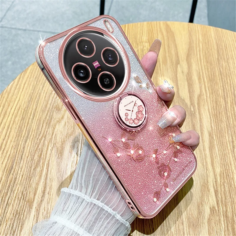 KADEM Para vivo X100 Pro 5G Anel Kickstand TPU Capa de Telefone Glitter Powder Cell Phone Cover - Rose Gold