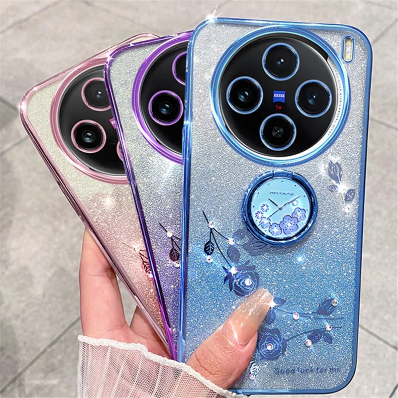 KADEM Para vivo X100 Pro 5G Anel Kickstand TPU Capa de Telefone Glitter Powder Cell Phone Cover - Rose Gold